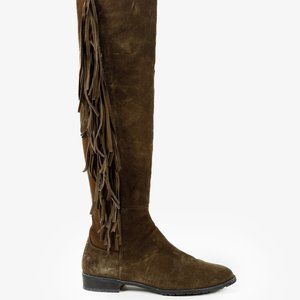 Stuart Weitzman 5050 Mane Fringe Olive Suede Leather OTK Boots